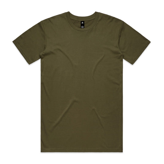 AS Colour 5001 Mens Staple Tee, a classic regular fit tee, showcases neck ribbing, side seams, and double needle hems, emphasizing durability and comfort, aligning with Active Safety's commitment to reliable workwear.