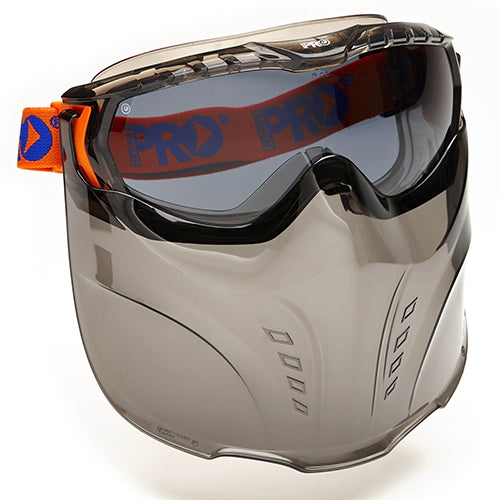 Pro Vadar Goggle & Visor Combo: Smoke, showcasing wide peripheral vision, detachable visor, ventilated mask, and anti-fog lens. Certified protective eyewear designed for safety and UV protection in outdoor environments.