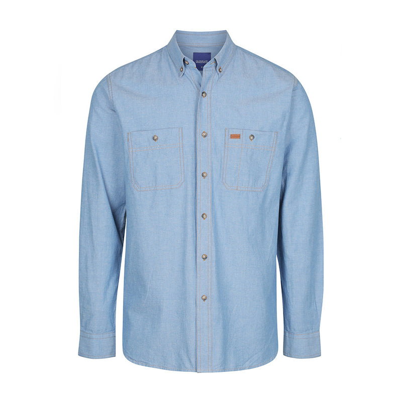 Load image into Gallery viewer, Icon Industrial Chambray Long Sleeve Shirt featuring a placket front, button-down collar, double pockets, tortoise shell buttons, and adjustable cuffs, ideal for workplace settings.