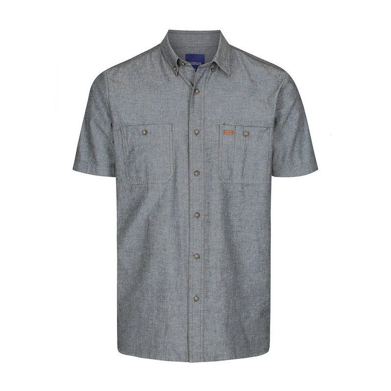 Load image into Gallery viewer, Icon Industrial Chambray Short Sleeve Shirt featuring a button-down collar, placket front, and double pockets with tortoise shell buttons and suede pen pocket detail, suitable for workplace safety and uniform needs.