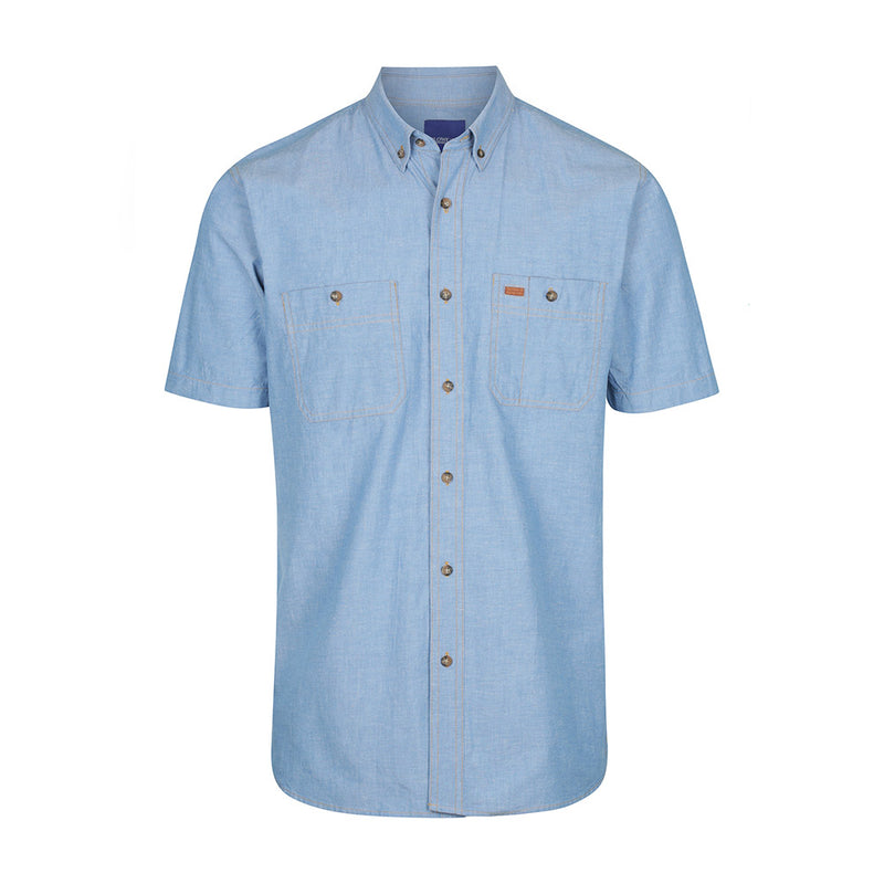 Load image into Gallery viewer, Icon Industrial Chambray Short Sleeve Shirt featuring a classic 5045 fit, button-down collar, and double pockets with tortoise shell buttons, highlighted by a suede pen pocket detail, ideal for workplace attire.
