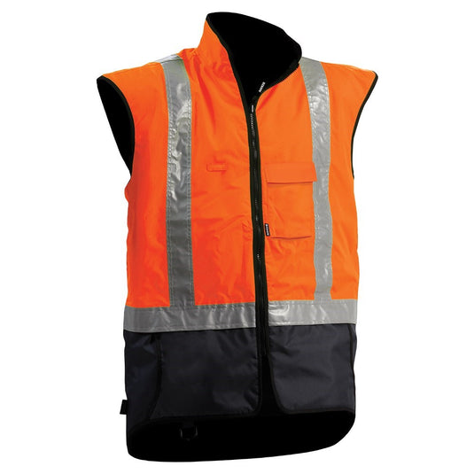 Bison Stamina Contrast Fleece Lined Vest, featuring a close-up view of its design with wider shoulders, extended back, and reflective tape for enhanced safety, ideal for rugged work environments.