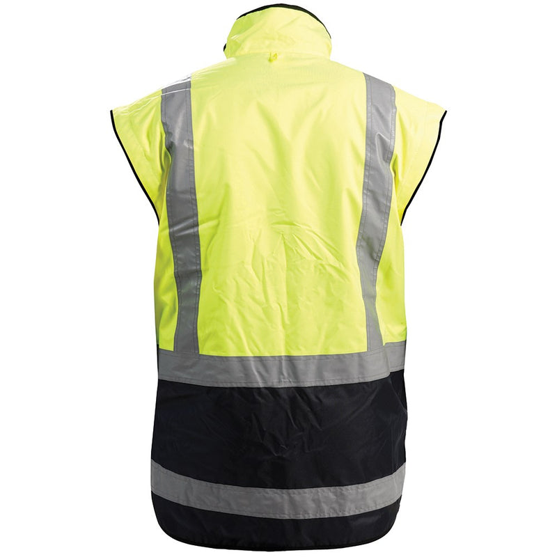 Load image into Gallery viewer, Bison Stamina Contrast Fleece Lined Vest featuring grey reflective stripes and a durable yellow exterior, designed for high visibility and protection, with multiple utility pockets and a zip-in option for added versatility.
