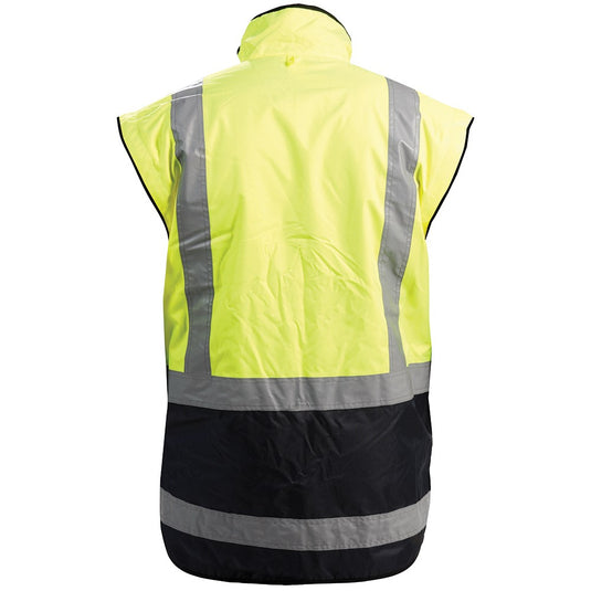Bison Stamina Contrast Fleece Lined Vest featuring grey reflective stripes and a durable yellow exterior, designed for high visibility and protection, with multiple utility pockets and a zip-in option for added versatility.