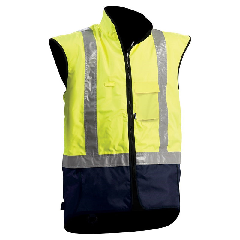 Load image into Gallery viewer, Bison Stamina Contrast Fleece Lined Vest with reflective stripes, designed for safety and comfort, featuring wider shoulders, extended back, and multiple pockets, ideal for high-visibility workwear in challenging environments.