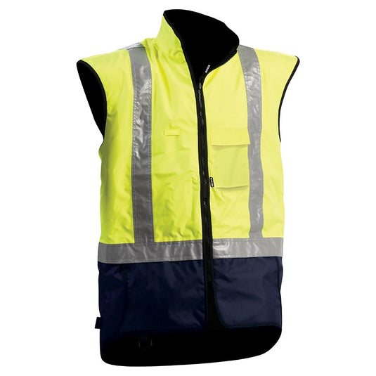 Bison Stamina Contrast Fleece Lined Vest with reflective stripes, designed for safety and comfort, featuring wider shoulders, extended back, and multiple pockets, ideal for high-visibility workwear in challenging environments.