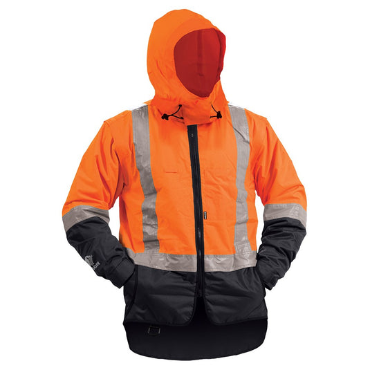 Bison Stamina Lined Vest W/ Zip-off Sleeves, featuring a hood, premium zippers, showerproof design, and black anti-pill polyfleece liner. Ideal for safety and comfort in active work environments.