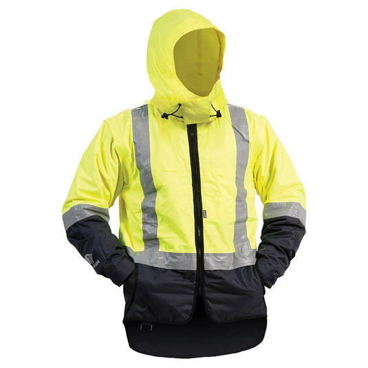 Bison Stamina Lined Vest W/ Zip-off Sleeves features a hood, premium zippers, and a longer thigh length for added protection. Ideal for safety-focused environments, this jacket can transform into a vest.