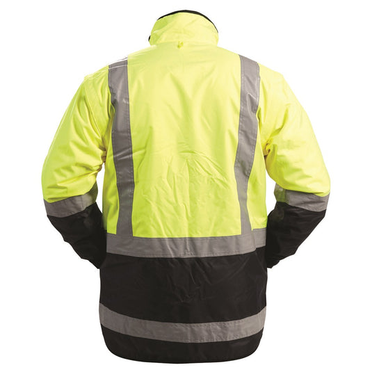 Bison Stamina Lined Vest W/ Zip-off Sleeves worn by a person, showcasing its versatile design with detachable sleeves, showerproof fabric, and functional pockets, ideal for workplace safety and comfort.