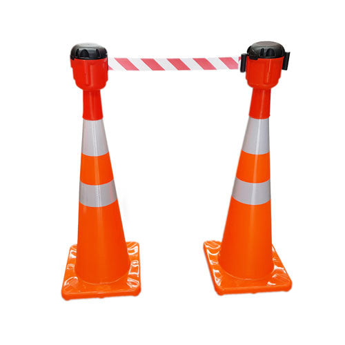 Cone Topper Barrier, Red/White: 9m displayed with two orange traffic cones wrapped in red and white striped tape, demonstrating its use for creating effective safety barriers.