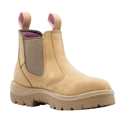 Steel Blue Hobart Ladies Safety Boots, Sand, featuring pink straps and a tan finish, crafted from water-resistant full-grain Nubuck leather, ideal for safety and comfort in active work environments.