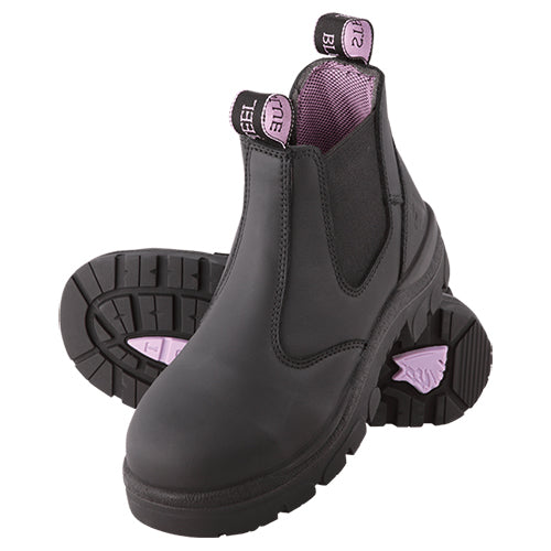 Steel Blue Hobart Ladies Safety Boots, Black, featuring a sleek slip-on design with full-grain Nubuck leather and a rugged TPU outsole, ideal for active workplace environments like warehouses and farms.