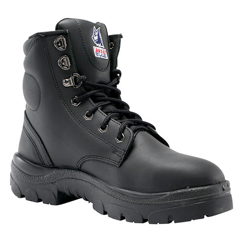 Steel Blue Argyle Ladies Safety Boots, Black, featuring a lace-up design with a padded tongue and collar. Ideal for mining and construction, offering a steel toe cap and TPU outsole for enhanced safety.