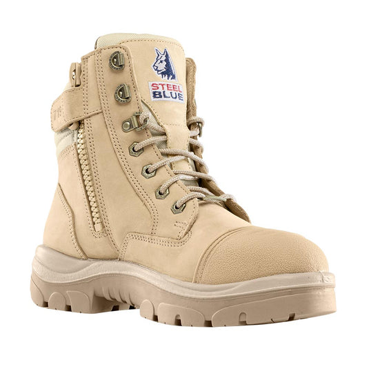 Steel Blue Ladies Southern Cross TPU/Scuff Safety Boots, Sand, featuring a 150mm high ankle design with a padded collar, steel toe cap, and industrial-grade zipper, crafted for durability and women's fit.