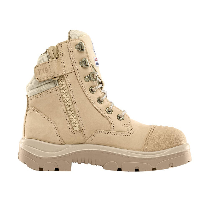 Load image into Gallery viewer, Steel Blue Ladies Southern Cross TPU/Scuff Safety Boots, Sand, featuring a 150mm high ankle, scalloped padded collar, zip side, and steel toe cap, designed for women's fit with premium water-resistant leather and TPU outsole.