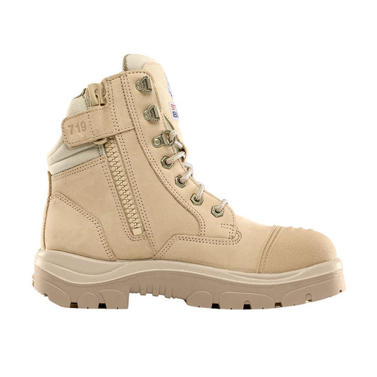 Steel Blue Ladies Southern Cross TPU/Scuff Safety Boots, Sand, featuring a 150mm high ankle, scalloped padded collar, zip side, and steel toe cap, designed for women's fit with premium water-resistant leather and TPU outsole.