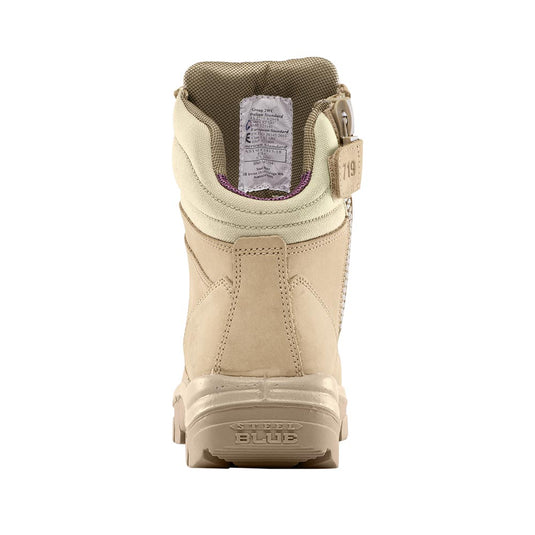 Steel Blue Ladies Southern Cross TPU/Scuff Safety Boots, Sand feature a 150mm high ankle design with a scalloped, padded collar, industrial-grade zipper, steel toe cap, and TPU outsole, tailored for women's fit.