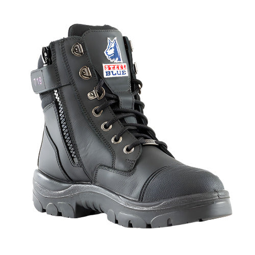 Steel Blue Ladies Southern Cross Zip Safety Boots, Black, featuring a scalloped padded collar, industrial-grade zipper, steel toe cap, and TPU outsole. Designed for women with a shorter ankle length.