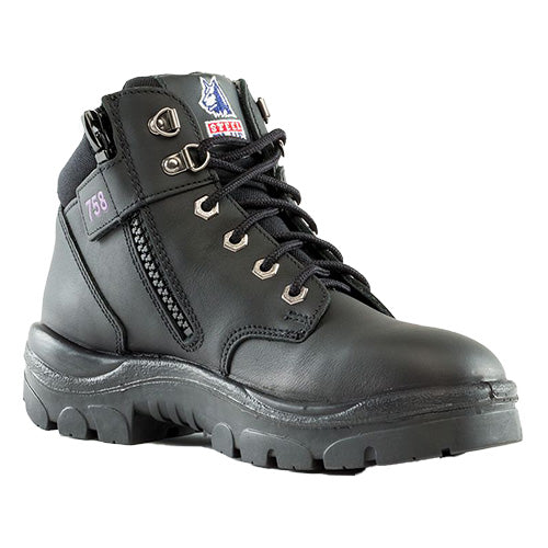 Steel Blue Parkes Ladies Zip Safety Boots, featuring a lace-up design with a convenient side zip and padded collar, crafted from black water-resistant leather, perfect for durability and comfort in work environments.