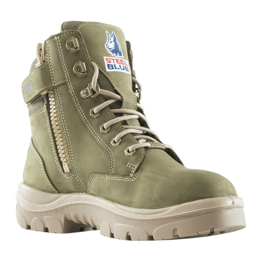 Steel Blue Ladies Southern Cross Zip Safety Boots, Khaki, featuring a 150mm high ankle design, steel toe cap, and industrial zipper, crafted from premium leather for women's comfort and safety in demanding environments.