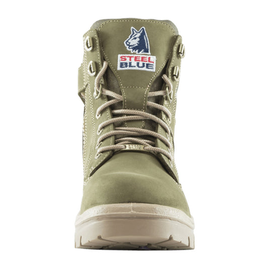 Steel Blue Ladies Southern Cross Zip Safety Boots feature a 150mm high ankle design with a steel toe cap, industrial-grade zipper, and a cushioned, shock-absorbing sole, tailored for women's safety and comfort.