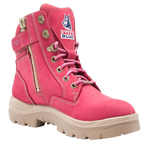Steel Blue Ladies Southern Cross Zip Safety Boots, Pink, featuring a 150mm high ankle, scalloped padded collar, and industrial-grade zipper. Designed for women with a steel toe cap and premium water-resistant leather.
