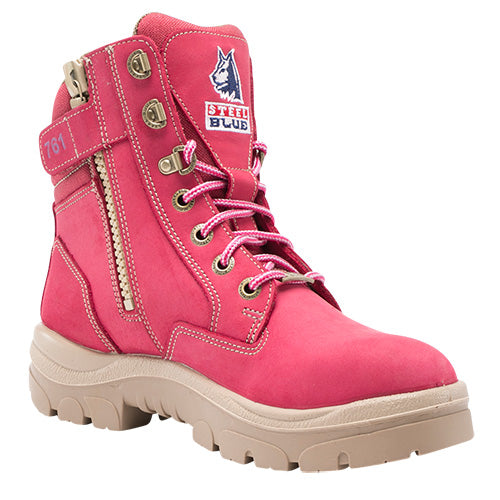Steel Blue Ladies Southern Cross Zip Safety Boots, Pink, featuring a 150mm high ankle, scalloped padded collar, and industrial-grade zipper. Designed for women with a steel toe cap and premium water-resistant leather.