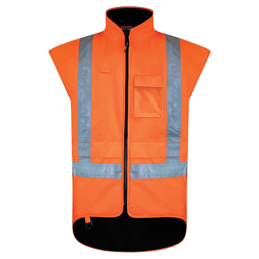Bison Stamina TTMC-W Vest with reflective stripes, featuring a close-up of the detachable ID pocket and premium zippers, ideal for safety and work environments.
