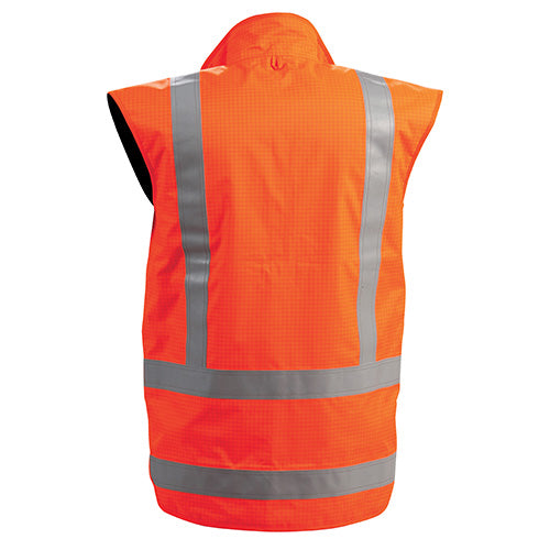 Bison Rigour TTMC-W17 Fire Retardant Vest, featuring Ultra Flect® reflective tape, large YKK Vislon zip, detachable ID card holder, and dual waist pockets, designed for enhanced visibility and safety.