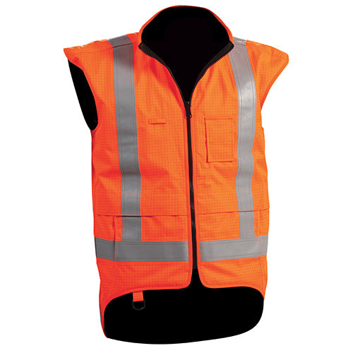 Bison Rigour TTMC-W17 Fire Retardant Vest featuring Ultra Flect® reflective tape, detachable ID holder, and wide shoulders for protection, ideal for workplace safety.