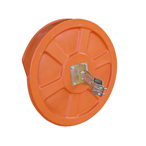 Convex Mirror 1000mm (Incl Wall Bracket) featuring an orange plastic reel with a sturdy metal bracket, ideal for enhancing safety at traffic blind spots and aiding production line supervision.