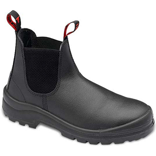 John Bull Brahman Safety Boots featuring red straps and a sleek black design, ideal for trades and warehouse work. They include a steel toe cap and slip-resistant sole for optimal safety.