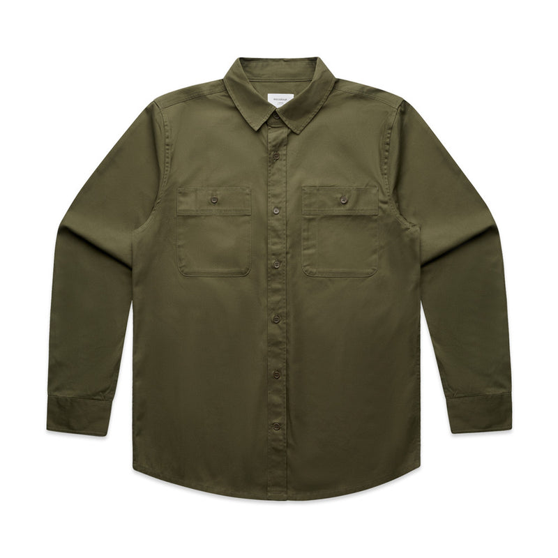 Load image into Gallery viewer, AS Colour 5422 Mens Long Sleeve Work Shirt features a regular fit with heavy-weight 100% cotton drill, button-up design, two chest pockets with pen channel, and back yoke hang loop, ideal for workplace durability.