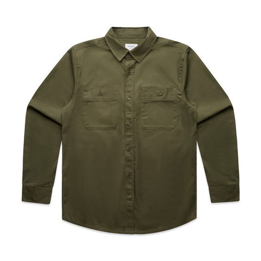AS Colour 5422 Mens Long Sleeve Work Shirt features a regular fit with heavy-weight 100% cotton drill, button-up design, two chest pockets with pen channel, and back yoke hang loop, ideal for workplace durability.
