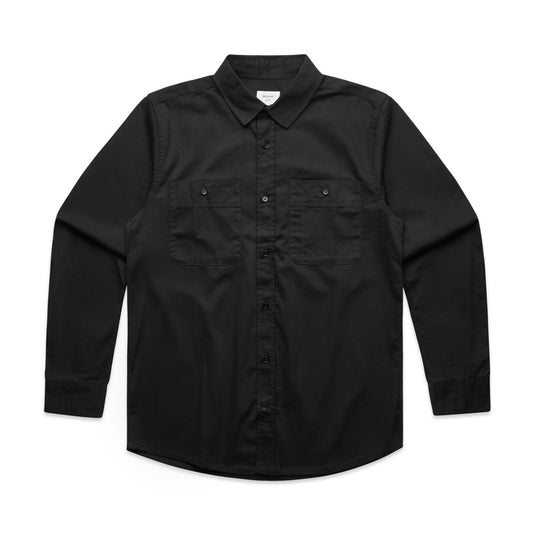 AS Colour 5422 Mens Long Sleeve Work Shirt featuring a regular fit, heavy-duty cotton drill fabric, two chest pockets with pen channel, tonal buttons, and a back yoke with hang loop, ideal for workwear customization.