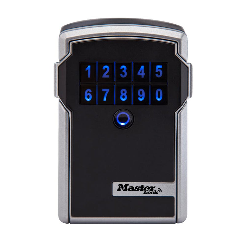 Load image into Gallery viewer, Master Lock Bluetooth Wall Mount Lock Box features a black-and-silver design with a backlit numeric keypad and push button for secure key storage, ideal for safety-conscious environments like Active Safety's offerings.