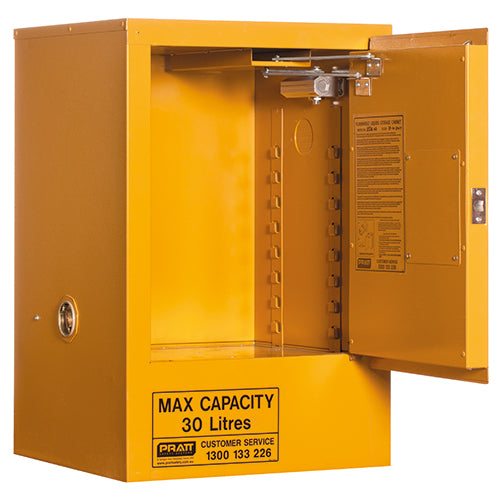 Pratt 30L Flammable Liquids Storage Cabinet, featuring a robust yellow metal design with an open door, recessed handle, and safety labels, ideal for securely storing hazardous liquids.
