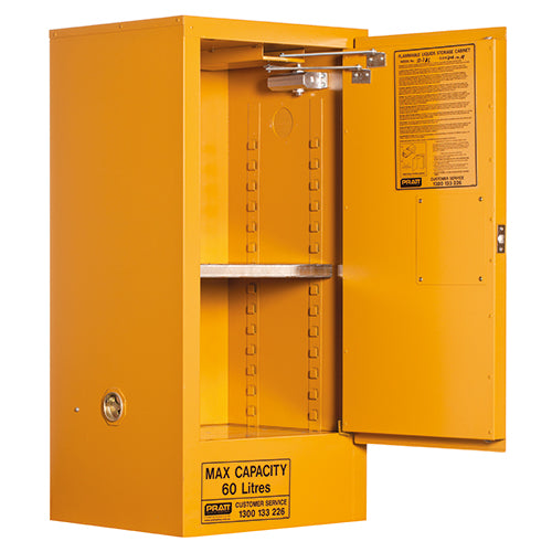 Pratt 60L Flammable Liquids Storage Cabinet with open door, featuring a recessed handle with key lock and flammable liquid labels, designed for storing flammable and combustible liquids safely.