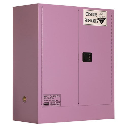 Pratt 160L Corrosive Storage Cabinet, designed for safe chemical storage, featuring a visible black label for identification, essential for workplaces handling dangerous goods. Ideal for maintaining safety standards in industrial environments.