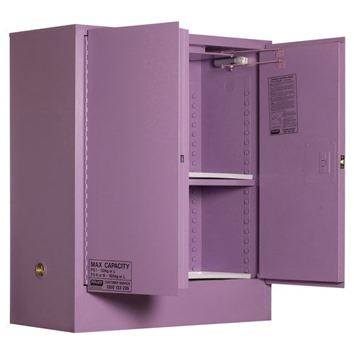 Pratt 160L Corrosive Storage Cabinet with two shelves, designed for safely storing corrosive substances in sealed containers, featuring a robust purple metal build and open door for accessibility.