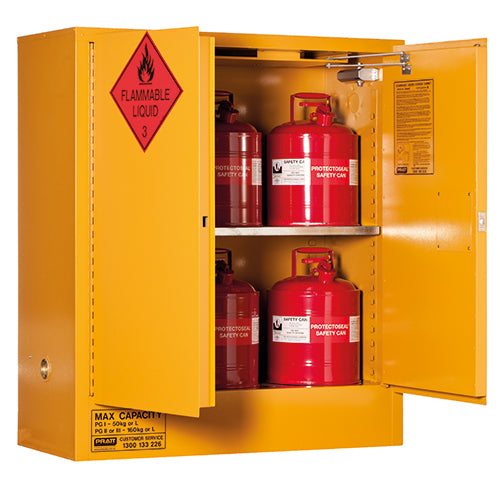 Pratt 160L Flammable Liquids Storage Cabinet featuring red containers and a fire extinguisher inside. Designed for safely storing flammable and combustible liquids, with secure recessed handle and self-latching door for added safety.
