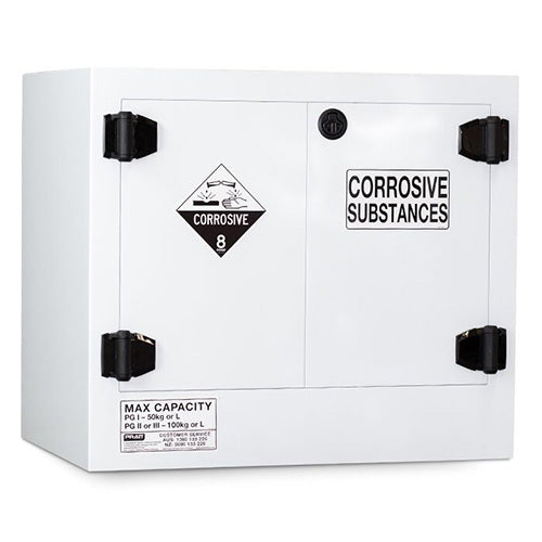 Pratt 100L Corrosive Storage Cabinet made from polyethylene, featuring black handles and labels, designed for safe storage of corrosive chemicals. Equipped with a self-closing door, liquid tight seal, and key lock handle.