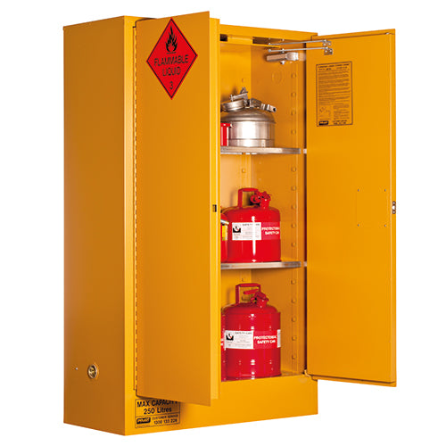 Pratt 250L Flammable Liquids Storage Cabinet featuring dual doors with soft action self-closing mechanism, recessed handle with key lock, and two visible red fire extinguishers inside, ideal for safe storage of hazardous liquids.