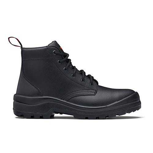 Load image into Gallery viewer, John Bull Angus Safety Boots featuring a black lace-up design with a red logo, built for durability and comfort with a padded collar, ideal for tough work environments.