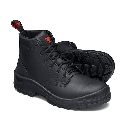 Load image into Gallery viewer, John Bull Angus Safety Boots, black lace-up design with padded collar and tongue, featuring a robust tread and steel toe cap for enhanced safety, ideal for demanding work environments.