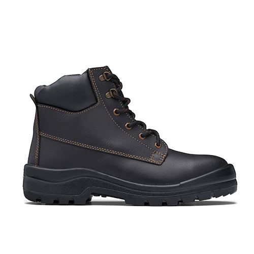 Load image into Gallery viewer, John Bull Nomad Safety Boots featuring a black exterior with brown stitching, designed for durability with a steel toe cap and slip-resistant sole, ideal for trades and outdoor work environments.