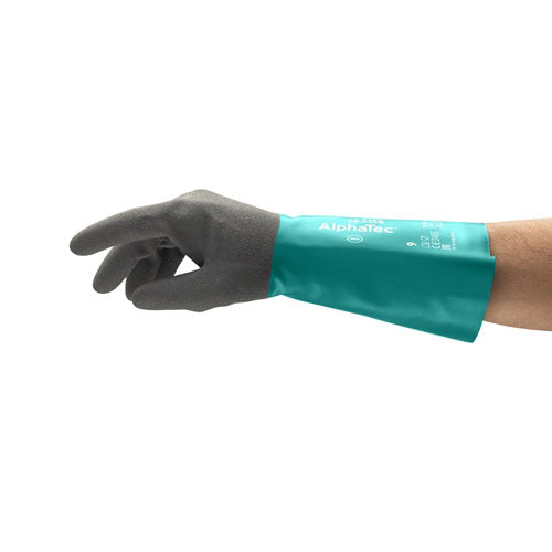 Ansell AlphaTec Chemical Glove showcased on a hand, highlighting its ANSELL GRIP™ coating for enhanced grip on oily parts, ideal for workplace safety and dexterity in industrial settings.
