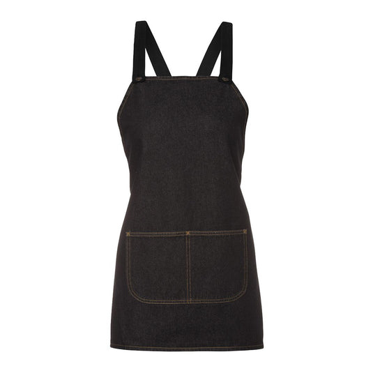 JB's Cross Back Bib Denim Apron (Without Strap) features durable 11oz stone-washed twill denim, a low front pocket with double stitching, and antique brass eyelets, ideal for safety and work environments.