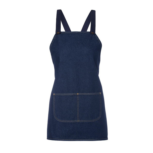JB's Cross Back Bib Denim Apron (Without Strap) features durable 11oz twill denim, a low front pocket with double stitching, and antique brass eyelets, ideal for workplace settings.