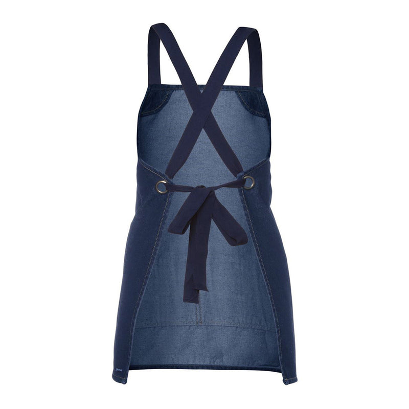 Load image into Gallery viewer, JB's Cross Back Bib Denim Apron (Without Strap), featuring durable 11oz twill denim, stone wash finish, and a low front pocket with double stitching, designed for comfort and functionality in workplace environments.